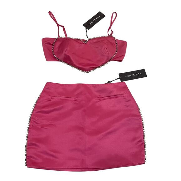 White Fox M 2 Pc Rhinestone Set | Hot Pink Barbiecore Crop & Mini NWT - Picture 2 of 9